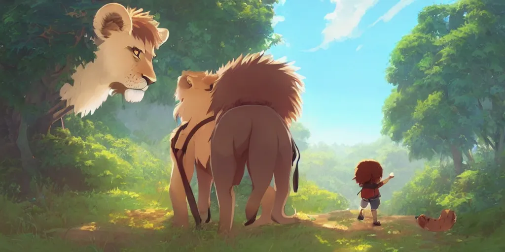 Prompt: concept art by sylvain sarrailh of a friendly lion and a boy wearing a backpack, forest, studio ghibli