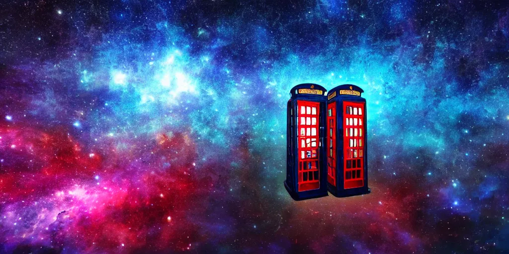 Prompt: ultra wide angle shot with a blue retro phone booth in the middle of the universe, a huge burning star in the background, vibrant brilliant nebula, sharp edges, movie atmosphere, movie lights, 8 k, light effect, rtx on, trending on artstation