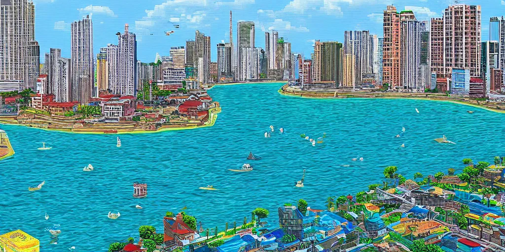 Image similar to colombo sri lanka cityscape, ocean, pixel art