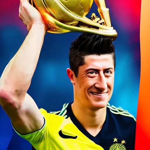 Prompt: portrait of Robert Lewandowski holding World Cup trophy, 4k, hq, high details, natural light, perfect quality, professional photography, award winning photo, a lot of details, perfect face