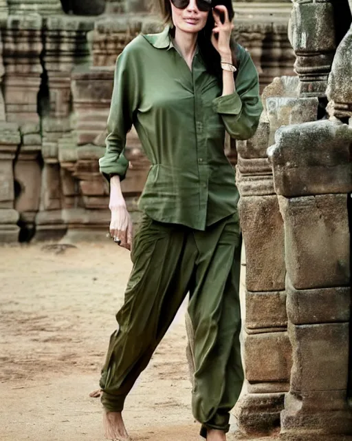 Image similar to angelina jolie visits an ancient temple in cambodia, she is wearing a green long sleeved shirt and cargo pants, photographed in the style of national geographic