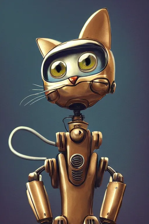 Prompt: a cute cat robot, painted by wally wood and matt jefferies, trending on artstation, steam punk, bright macro view pixar, award - winning, blueprint, big eyes, ( ( ( copper ) ) ) wire whiskers, chillwave, realism