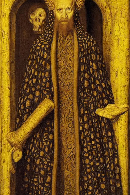 Image similar to portrait of hastur king in yellow, oil painting by jan van eyck, northern renaissance art, oil on canvas, wet - on - wet technique, realistic, expressive emotions, intricate textures, illusionistic detail