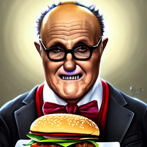 Image similar to portrait of rudy giuliani in clown makeup eating hamburgers, extra onions and ketchup, luscious patty with sesame seeds, feminine ethereal, handsome, d & d, fantasy, intricate, elegant, highly detailed, digital painting, artstation, concept art, matte, sharp focus, illustration, art by artgerm and greg rutkowski and alphonse mucha