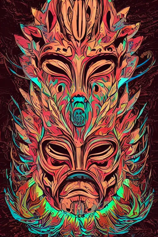 Image similar to animal mask totem roots flower tribal feather gemstone plant wood rock shaman vodoo video game vector cutout illustration vivid multicolor borderlands comics by josan gonzales and dan mumford radiating a glowing aura