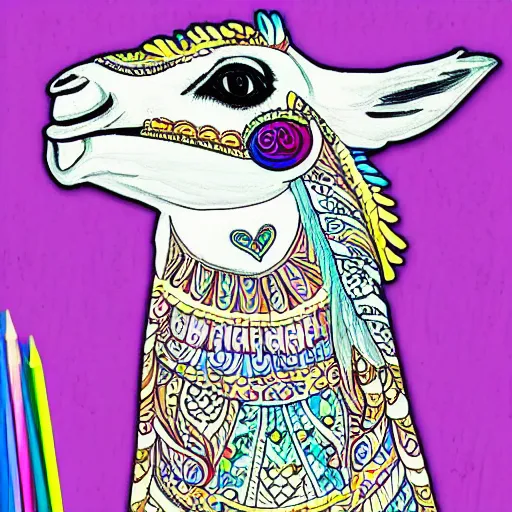 Prompt: llama coloring book, very detailed