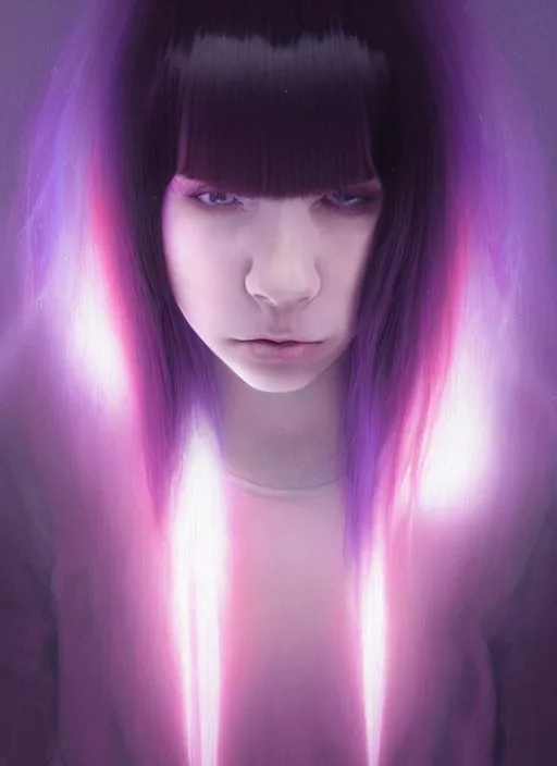 Image similar to hair whitebangs hair, black hair, whitebangs, portrait of teenage girl with white bangs, red irises, purple clothes, white bangs, bangs are different color from hair, intricate, elegant, glowing lights, highly detailed, digital painting, artstation, concept art, smooth, sharp focus, illustration, art by wlop, mars ravelo and greg rutkowski