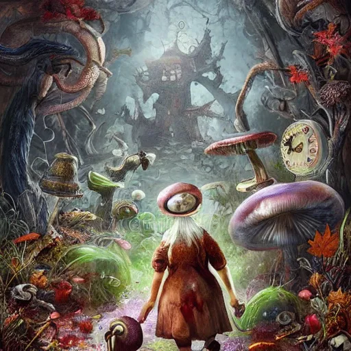 Image similar to Hell and heaven, captured in bottles, an elderly mushroom walking their pet snail, The Autumn Plague Gardener, the theme of Alice in Wonderland, digital painting, its softness partakes of fluidity, illustration, deep dark, artstation, intricate, biodiversity in a world of change and constancy, ue5, by deiv calviz and bossmonsterbani