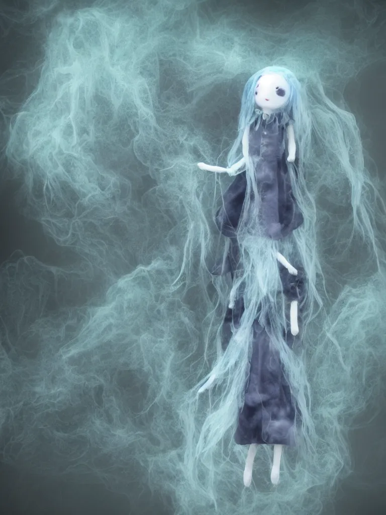 Image similar to cute fumo plush smiling ectoplasmic jellyfish ghost girl waving in deep fog over mysterious waters, patchwork doll chibi gothic maiden in tattered melting rags, glowing wisps of hazy green smoke and eerie blue volumetric fog swirling about, moonlight, glowing lens flare, black and white, vray