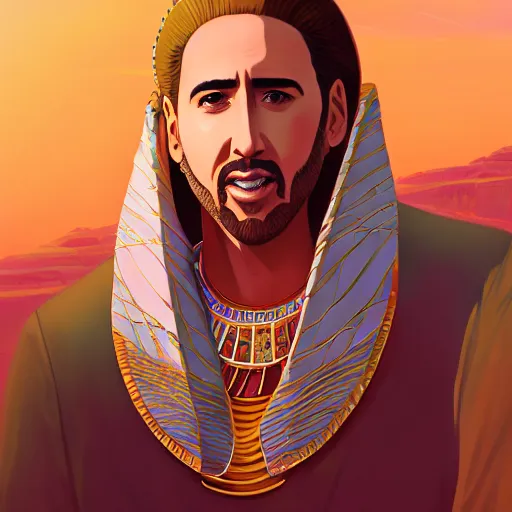 Image similar to a portrait of a beautiful Egyptian Nicolas Cage wearing ancient Egyptian fashion, desert background, rich vivid colors, ambient lighting, dynamic lighting, 4k, official media, anime key visual, makoto shinkai, ilya kuvshinov, lois van baarle, rossdraws, detailed, trending on artstation