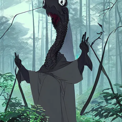 Image similar to concept art painting of an anthropomorphic dragon king with black robes, a long neck, and skull mask, in a deep forest, cel shaded, in the style of makoto shinkai and james gurney and studio ghibli and moebius