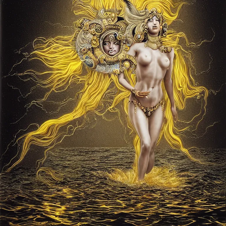 Image similar to female deity moon goddess coming out of high tide water, hyperrealism, eccentric, unreal, jamie jones, electrifying, golden ratio, hyper maximalist, elegant, ornate, luxury, elite, ominous