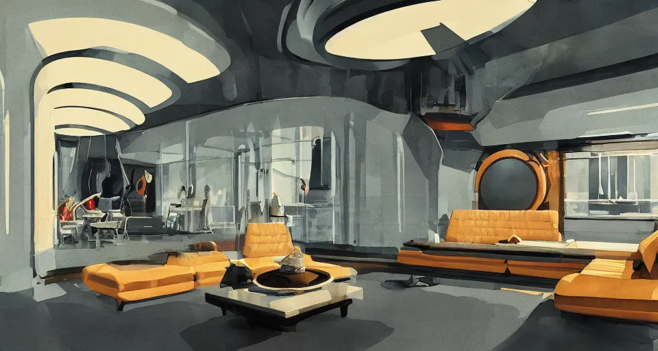 Prompt: a beautiful illustration of futuristic interior hall, lots of furniture, sofa, waiting room, big medium small, sacred geometry, golden ratio, in watercolor gouache detailed paintings, in style of syd mead, trending on artstation,8k, panel, hard surface, vent, zaha hadid, props, plant, cozy