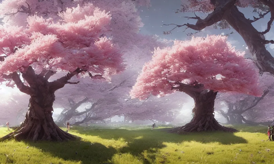 Prompt: One giant cherry blossom tree in the mountanis, Greg Rutkowski, ArtStation, CGSociety, Unreal Engine
