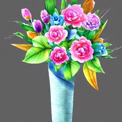 Image similar to a porcelain vase with a colorful and beautiful flower arrangement. very stylize and delicate watercolor and pencil draw + 7 xing. beautiful lighting, 4 k post - processing, trending in art station, cg society, highly detailed, 5 k extremely detailed