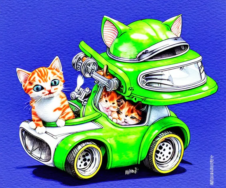 Image similar to cute and funny, kitten wearing a helmet riding in a tiny hot rod with an oversized engine, ratfink style by ed roth, centered award winning watercolor pen illustration, isometric illustration by chihiro iwasaki, edited by range murata, tiny details by artgerm and watercolor girl, symmetrically isometrically centered, sharply focused