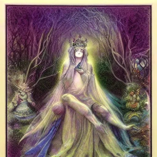 Image similar to queen of the dreamlands, misty night, beautiful! coherent! by brian froud, deep colors, strong lines, high contrast