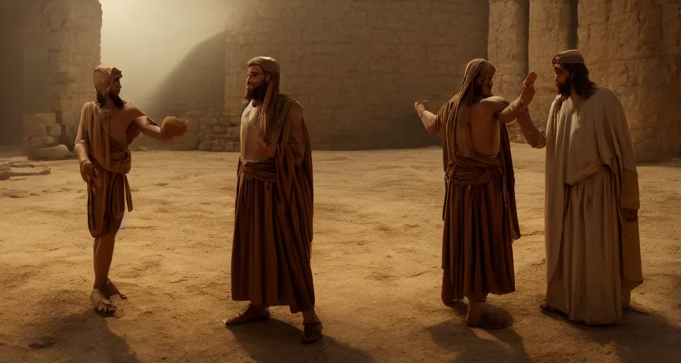 Prompt: award winning cinematic still of 26 year old male in ancient Canaanite clothing meeting 18 year old female in ancient Canaanite clothing, dramatic lighting, establishing shot, high detail, Biblical epic directed by Wes Anderson, HD, wallpaper,