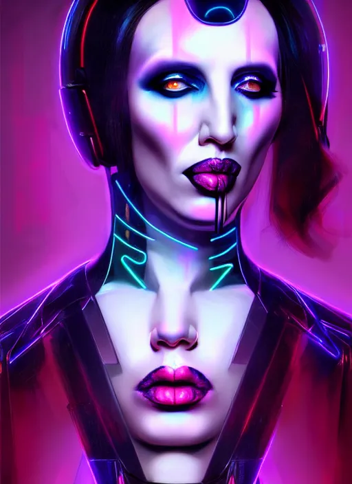 Image similar to portrait of marilyn manson cyber humanoid, intricate, elegant, cyber neon lights, highly detailed, digital painting, artstation, glamor pose, concept art, smooth, sharp focus, illustration, art by artgerm and greg rutkowski