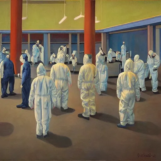 Image similar to pandemic hospital, hazmat suits, dystopian, pj crook, edward hopper, oil on canvas