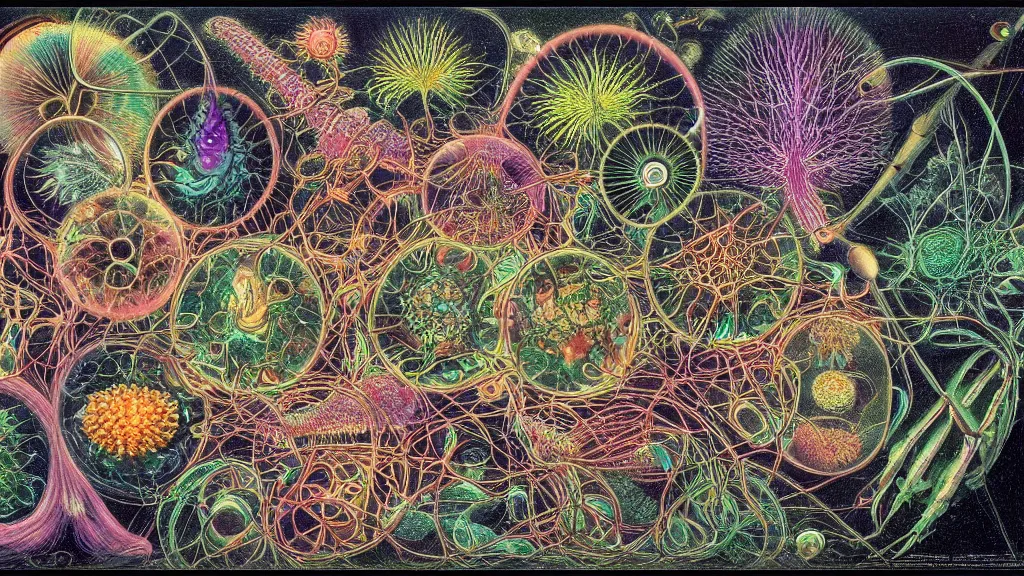 Image similar to quantum connections represented as symbiotic organisms like cells playing around with colorful lights by ernst haeckel, hostile environment, greedy