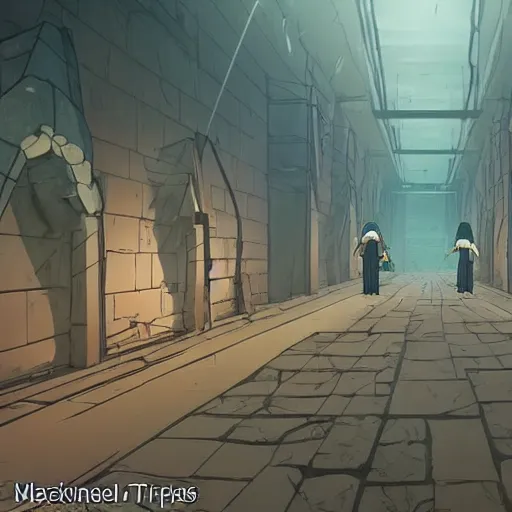 Prompt: an underground ancient temple corridor full of traps by Makoto Shinkai, pressure plate, tripwire, arrow trap, epic composition