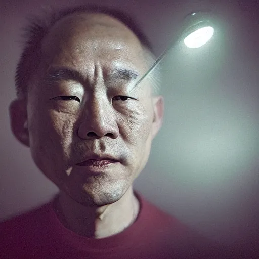 Prompt: a portrait of very very very old justin sun in cyberpunk prison looking through the laser bars of his cell, by annie leibovitz, shallow depth of field, cinematic lighting