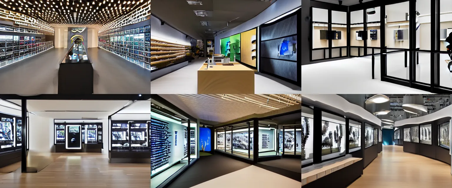 Prompt: A flagship Samsung store. black walls. timber floor. high ceilings with spots. internal overgrown lush forest plants. modern wood furniture with phones and tablets, large digital screens with videos on the walls. Minimalist, High-tech environment, warm and happy, clean shapes, inviting. Architectural photography, 14mm, High Res 8K. award winning architectural design, inspired by Arne Jacobsen, Niels Otto Møller, Verner Panton, Scandinavian Design