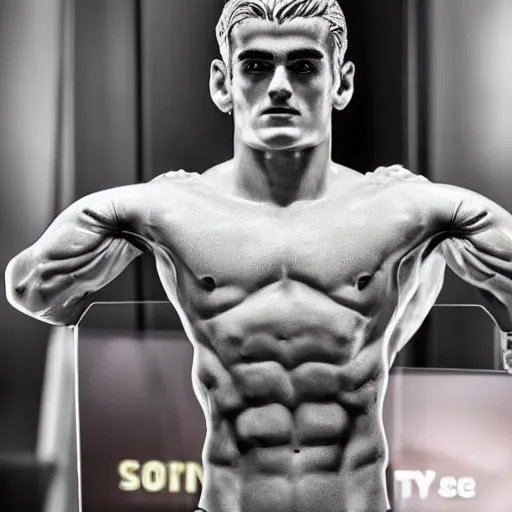 Image similar to a realistic detailed photo of a guy who is an attractive humanoid who is half robot and half humanoid, who is a male android, soccer player antoine griezmann, shiny skin, posing like a statue, blank stare, in a living room, on display, showing off his muscles