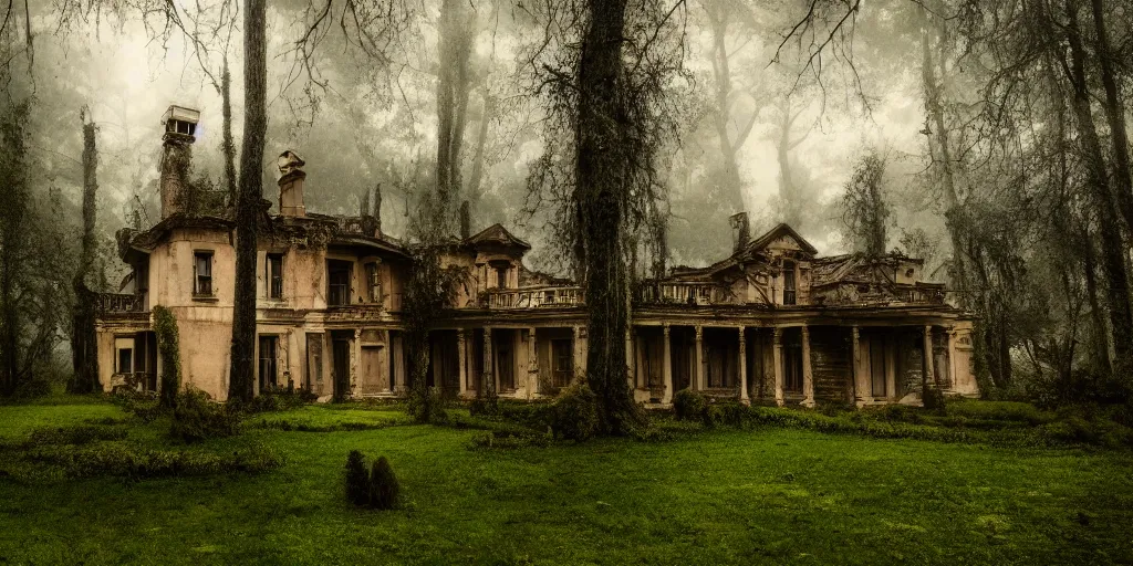 Image similar to a haunted old villa in the middle of an ancient forest, ominous Sky, gloomy atmosphere, cinematic, mist, High definition, 8k, ultra detailed