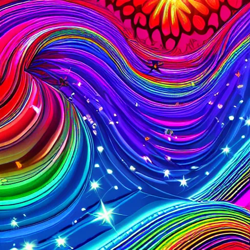 Prompt: lisa frank psychedelic rainbow wallpaper trending on art station, 8k, vibrant