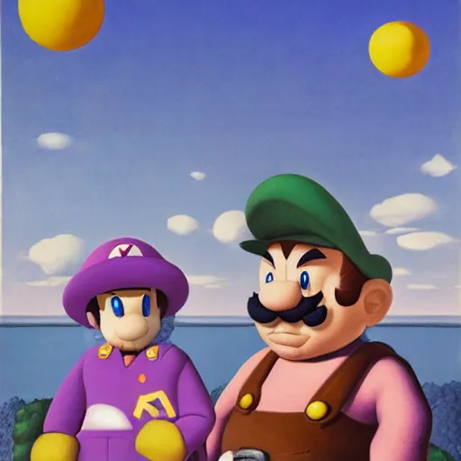 Image similar to SuperMario and Wario by Raphael, Hopper, and Rene Magritte. detailed, romantic, enchanting, trending on artstation.