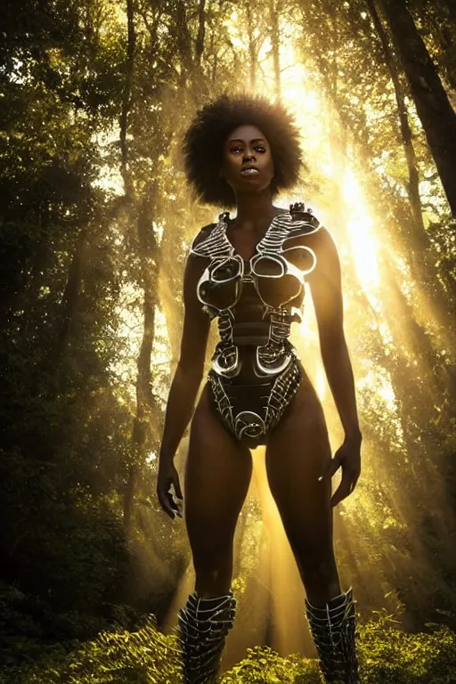 Image similar to hyperrealistic gorgeous black woman highly detailed exoskeleton bone armor in a forest sun behind her god rays concept art eric zener elson peter dramatic light low angle hd 8k sharp focus
