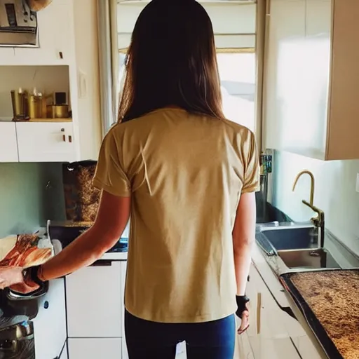 Image similar to a candid photo of a brunette female, young, athletic, australian, wearing a gold tshirt in a kitchen