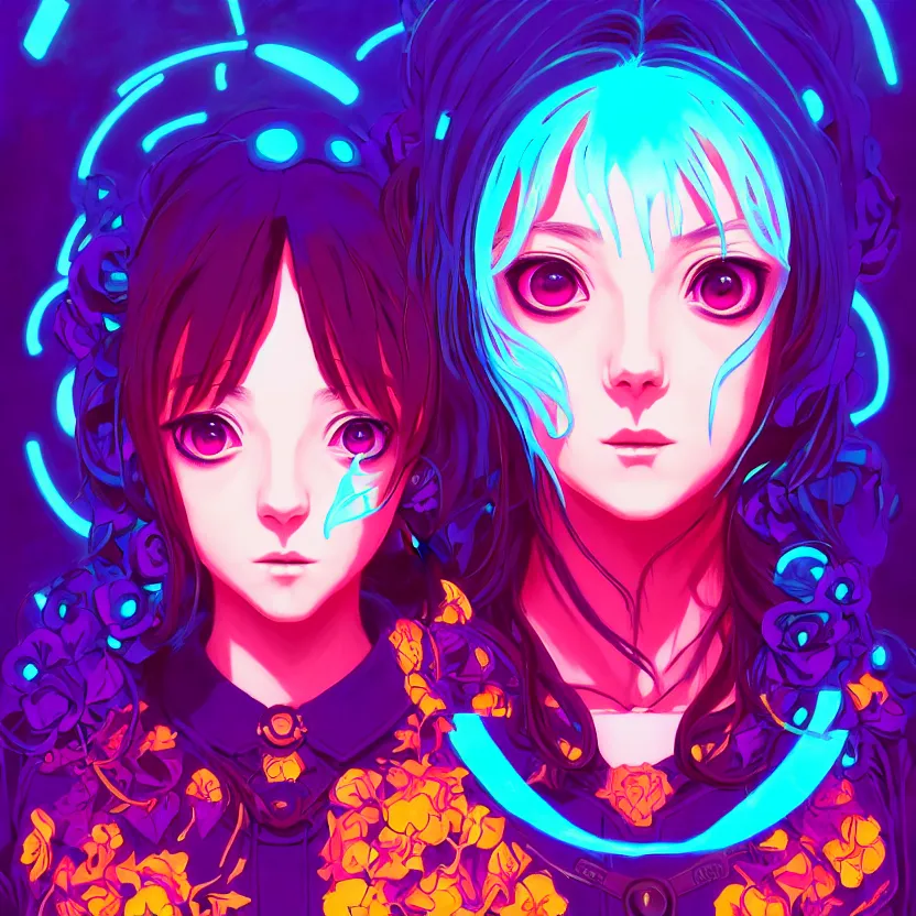 Image similar to symmetrical side portrait of a cute modern gothic anime girl with synthwave flower background, gloomhaven, colorful swirly retrowave style fantasy portrait, by sachin teng, greg rutkowski, jesper ejsing, ilya kuvshinov, extremely detailed digital art, trending on artstation, masterpiece 4 k,