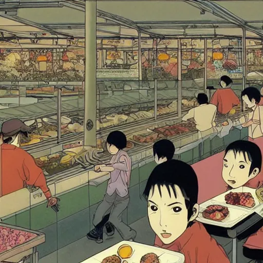 Image similar to a hawker centre, by satoshi kon