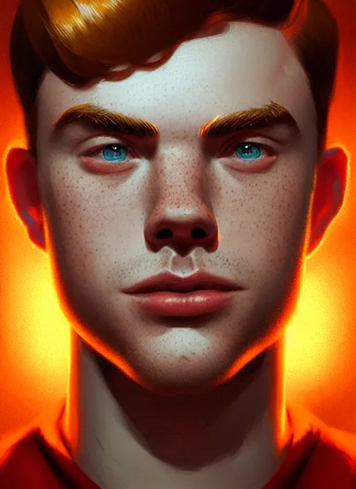 Image similar to portrait of archie andrews, freckles, curly middle part haircut, intricate, elegant, glowing lights, highly detailed, digital painting, artstation, concept art, smooth, sharp focus, illustration, art by wlop, mars ravelo and greg rutkowski