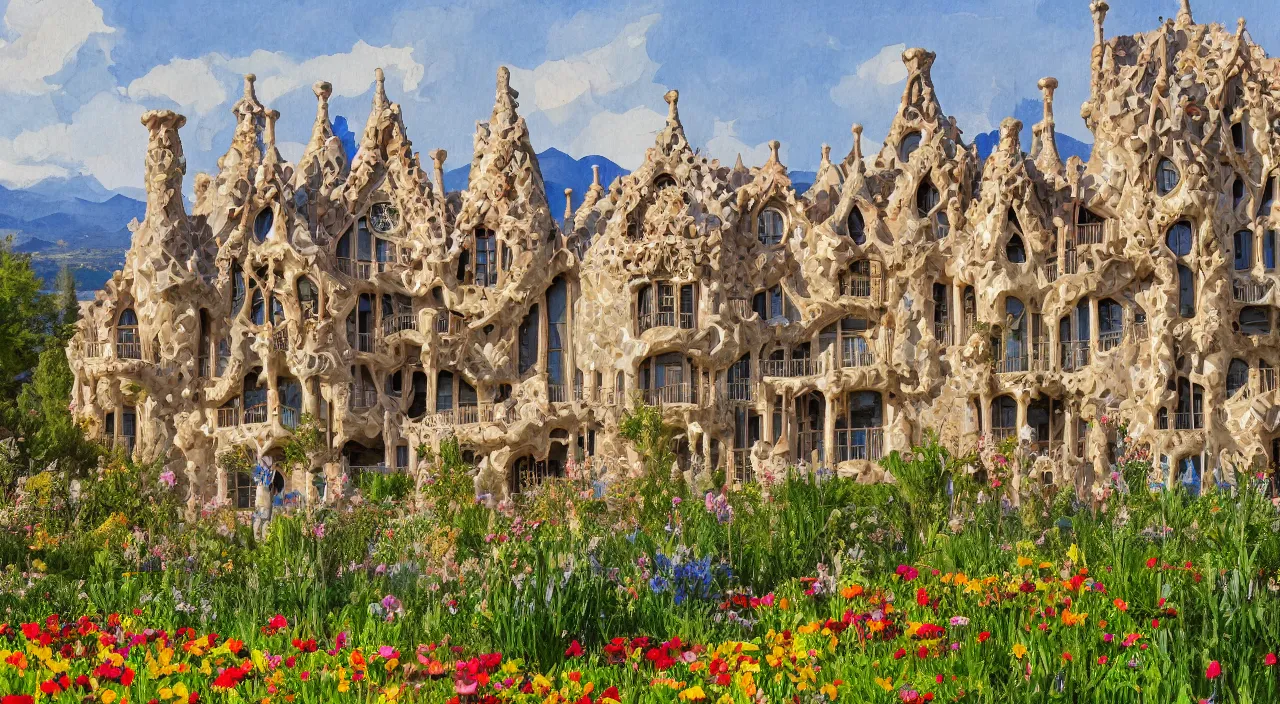 Image similar to a manor designed by Antoni Gaudí, with flower fields as foreground, with mountains as background, trending on artstation