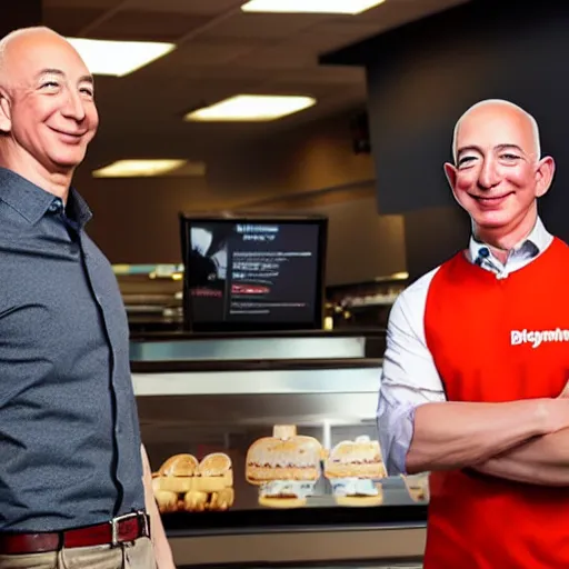Prompt: 8k hyper realistic HDR portrait photo of Dunkin Donuts employee with Jeff Bezos’ face