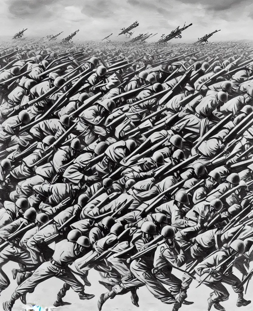 Image similar to a beautiful painting of running soldiers in el alamein battle, wwii,, black and white, painted by escher