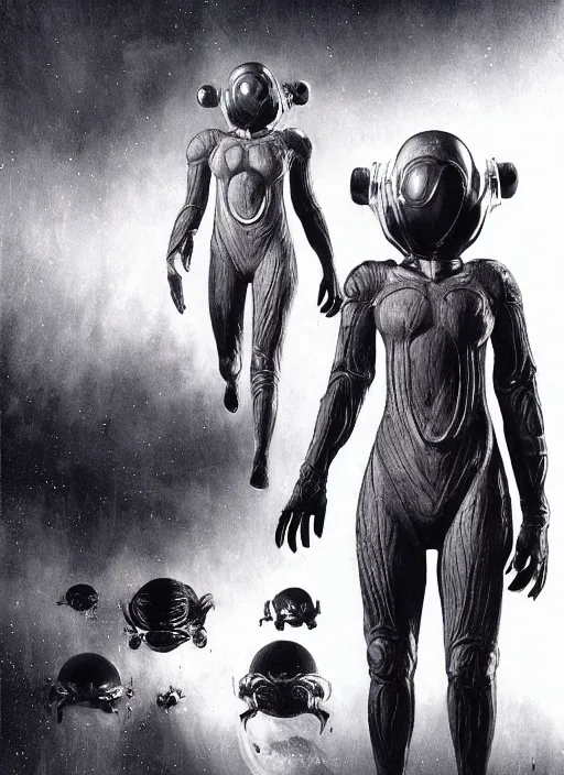 Image similar to astronauts alien in dark void underwater - complex and hyperdetailed technical suit. reflection and dispersion materials. rays and dispersion of light. volumetric light. f / 3 2. noise film photo. flash photography. ultra realistic, wide angle. poster by wayne barlowe, hajime sorayama aaron horkey, craig mullins