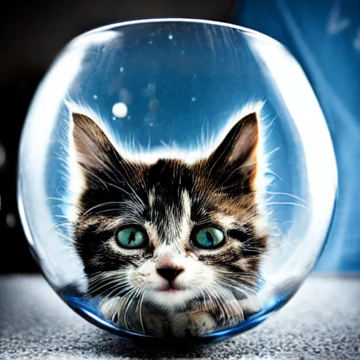 Prompt: A kitten staring at a fish bowl full of galaxies.