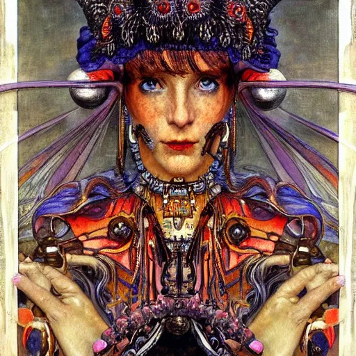 Image similar to baroque portrait of an art deco machine shaman, reflective detailed textures, highly detailed fantasy science fiction painting by annie swynnerton and jean delville and moebius, norman rockwell and william holman hunt. modern industrial shaman, rich colors, high contrast. artstation