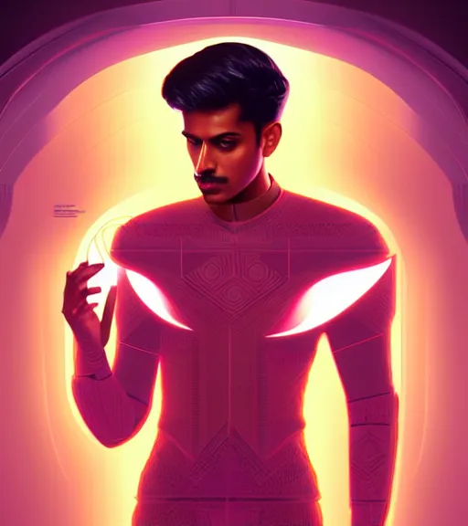 Image similar to symmetry!! indian prince of technology, solid cube of light, hard edges, product render retro - futuristic poster scifi, lasers and neon circuits, brown skin handsome indian prince, intricate, elegant, highly detailed, digital painting, artstation, concept art, smooth, sharp focus, illustration, dreamlike, art by artgerm