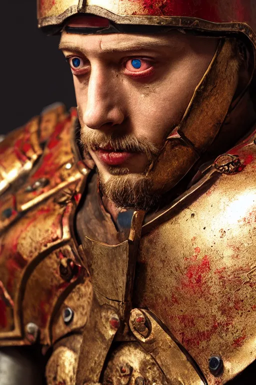 Image similar to A still of Sam Hyde as a Roman warrior, red and gold armor, close-up, sigma male, rule of thirds, award winning photo, unreal engine, studio lighting, highly detailed features, Athens setting, 4k