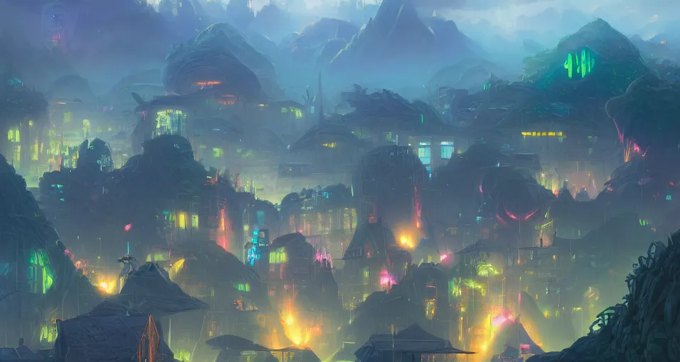 Image similar to cyber punk village on top of rice fields by peter mohrbacher, vivid colors, matte painting, 8K, concept art, mystical color scheme, trending on artstation