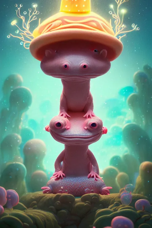 Image similar to ortographic view of Storytime perspective Bioluminescent, portrait of axolotl wearing wizard hat, very intricate , trending on artstation , very elegant, in the golden hour by Daniel Merriam, Trending on Artstation, oil on Canvas by Elena Zhurikhina and Goro Fujita and Charlie Bowater, octane render, 4k, 8k, HD by Jen Bartel and Dan Mumford and Satoshi Kon, gouache illustration, vivid colors