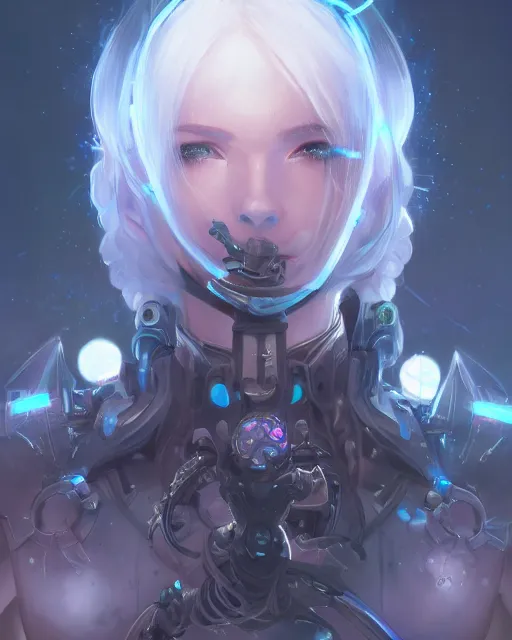 Image similar to holy cyborg necromancer girl, elegant, scifi, futuristic, utopia, garden, illustration, atmosphere, top lighting, blue eyes, white hair, beautiful, artstation, highly detailed, art by yuhong ding and chengwei pan and serafleur and ina wong