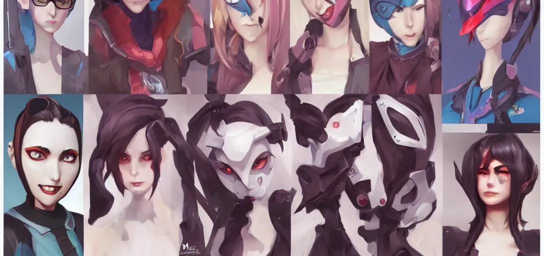 Prompt: concept art of female video game characters head designs, goth, disgaea, flcl, overwatch, by marc brunet and artgerm