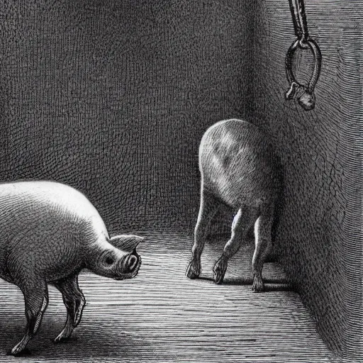 Prompt: Squealer the pig walking on his hind legs, creepy atmosphere, close-up, illustration by Gustave Doré, Animal Farm by George Orwell